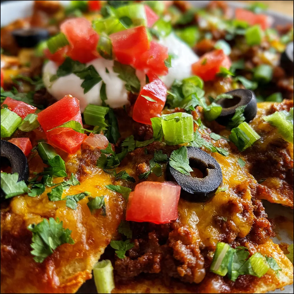 Close-up of a served portion showing layers of beef, beans, and melted cheese with avocado and cilantro