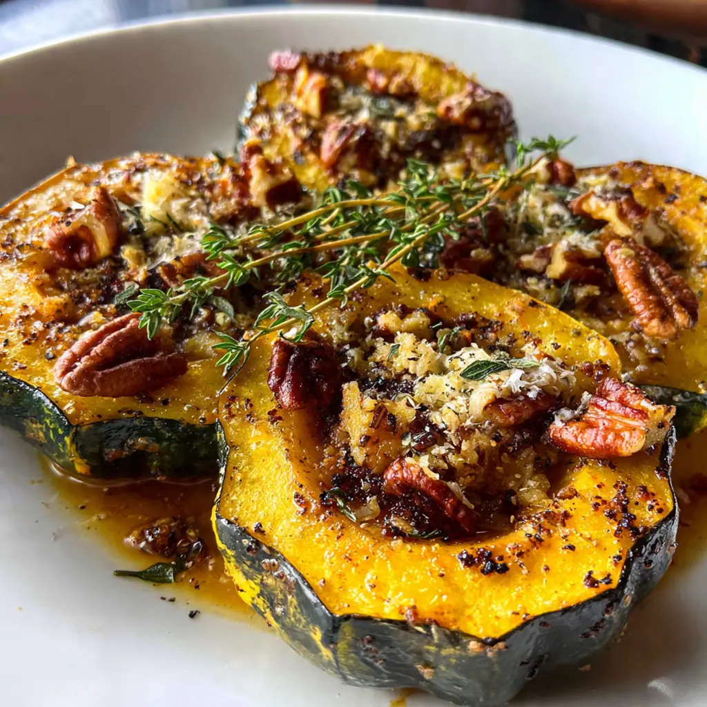 Roasted acorn squash with brown sugar served family-style alongside a holiday turkey and other sides