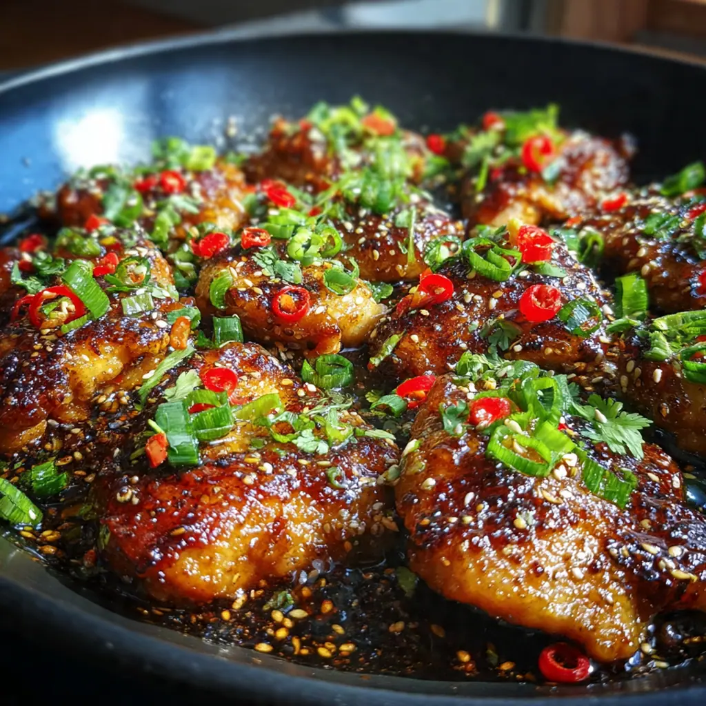 Close-up of tender chicken pieces glistening with sticky sauce, garnished with green onions and sesame seeds