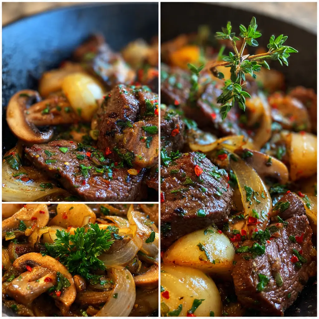 Close-up view of a fork spearing a juicy piece of beef coated in the glossy, savory garlic butter sauce.