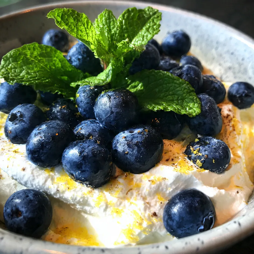 Overhead shot of ingredients like cottage cheese, blueberries, and vanilla ready to be blended