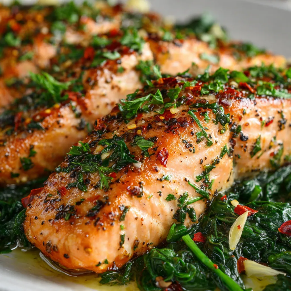Close-up of a flaky salmon bite coated in minced garlic and fresh parsley