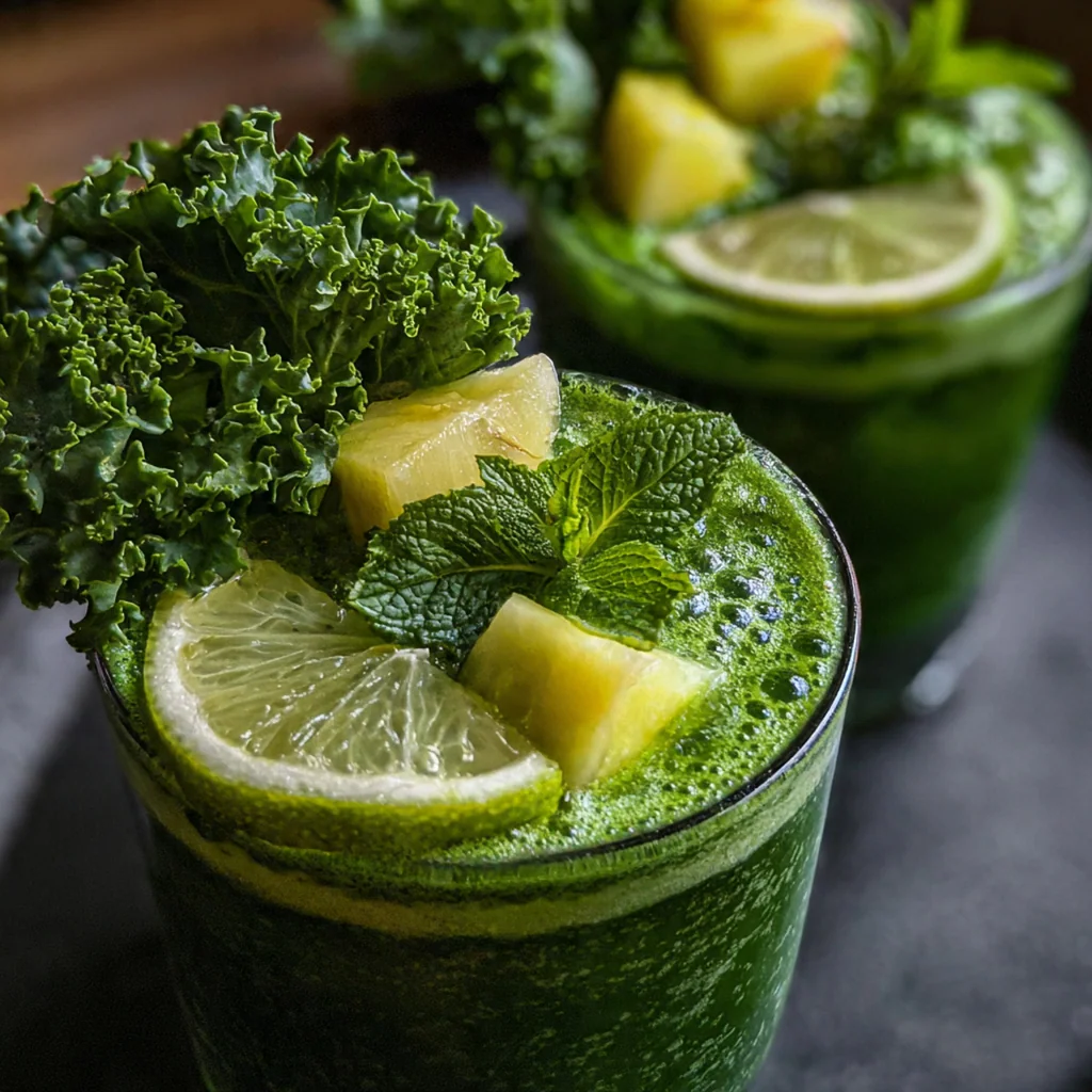 Fresh ingredients for green juice including apples, lemons, ginger, and herbs arranged on a wooden cutting board