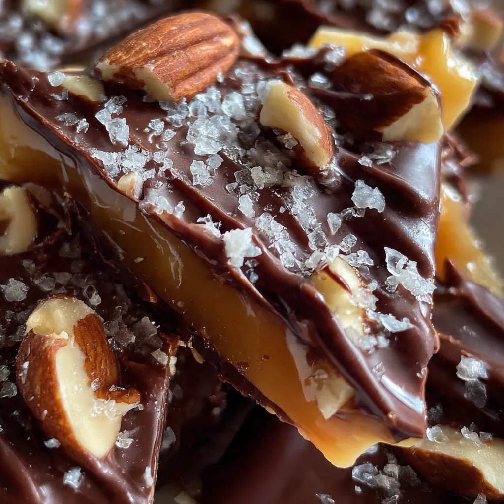 A rustic wooden board piled high with toffee pieces next to a cup of coffee and packaging ribbon