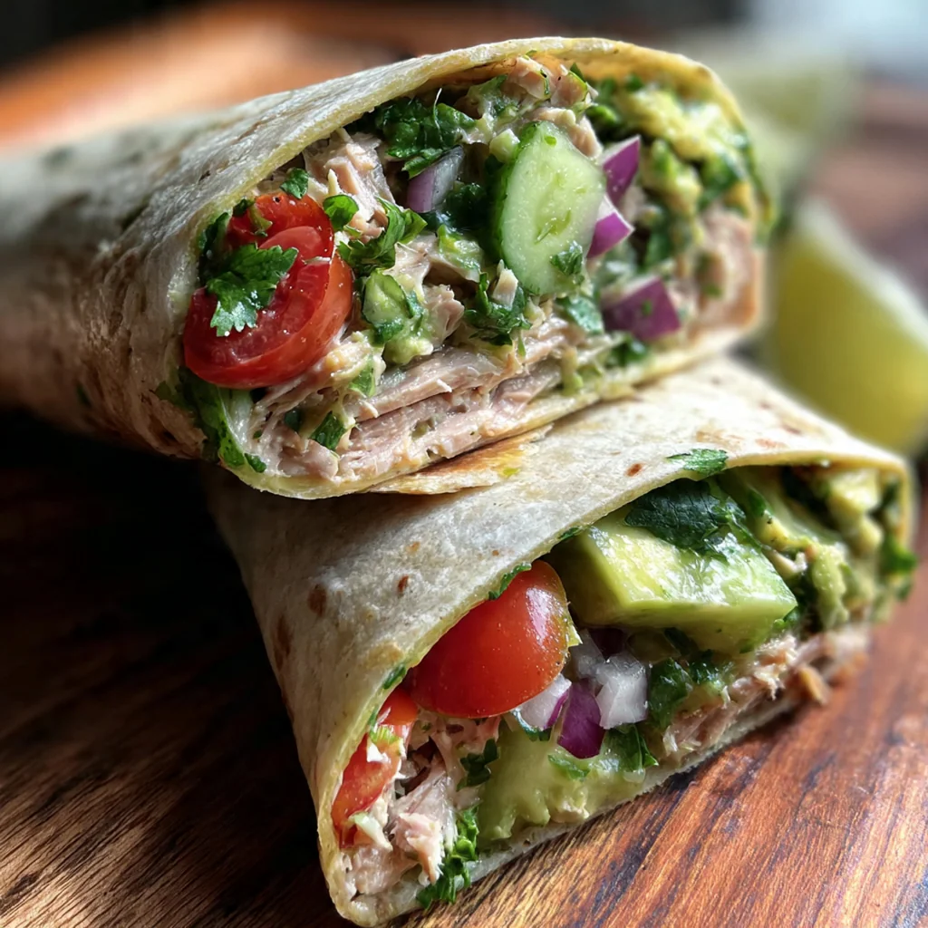 Four whole wheat wraps filled with tuna salad, lettuce, and tomato ready to be rolled