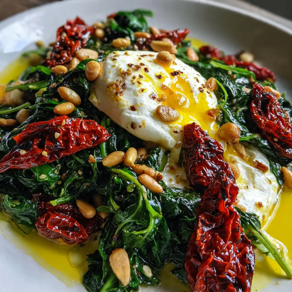Close-up of a spoon breaking into the rich, creamy center of burrata with spinach