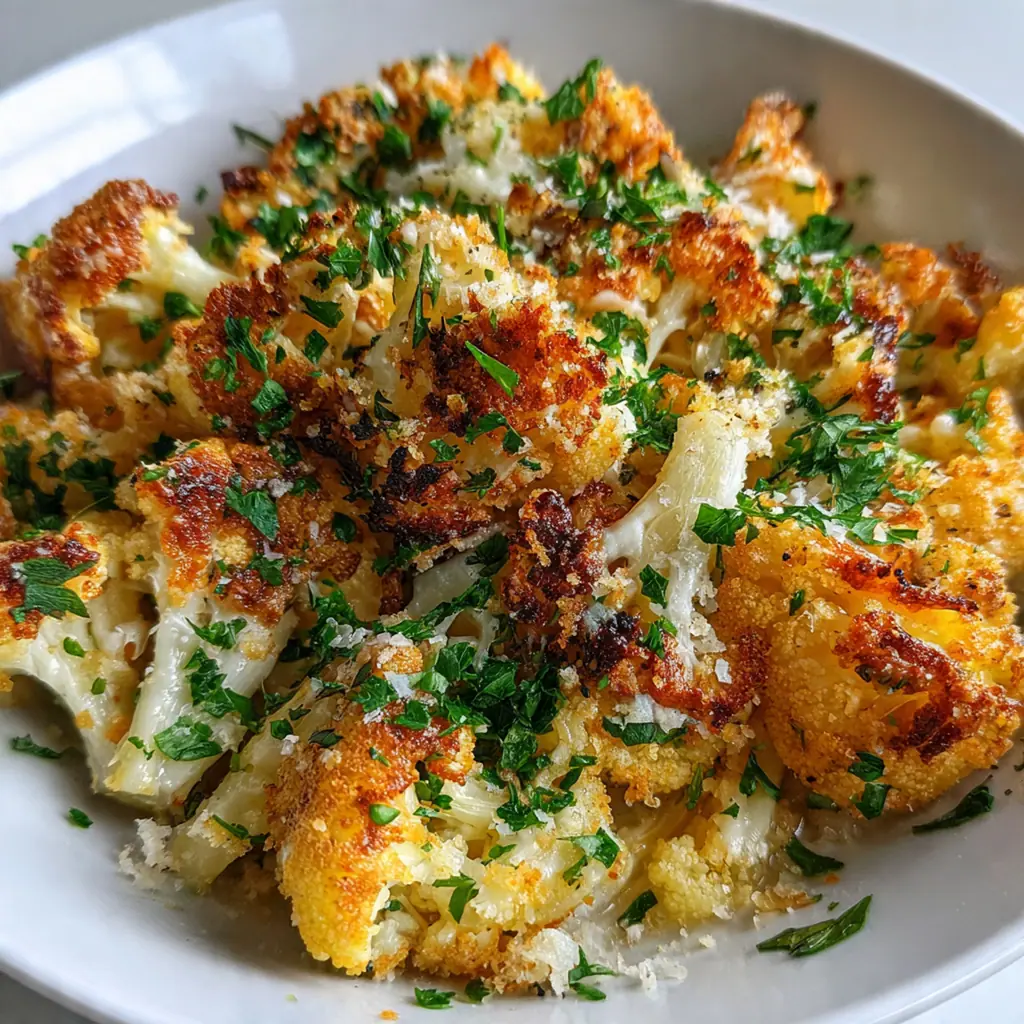 A family-style serving of cheesy garlic parmesan cauliflower garnished with fresh parsley and lemon wedges