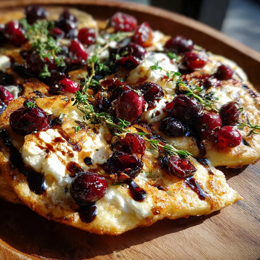 A platter of sliced appetizer flatbread with melted brie, cranberries, and a garnish of fresh green arugula.