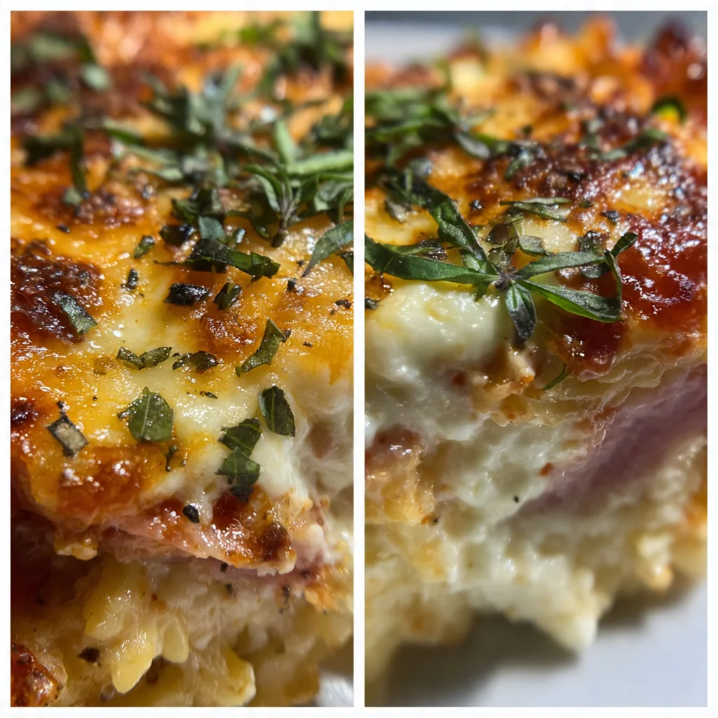 Overhead shot of the finished lasagna bake garnished with fresh parsley on a rustic table