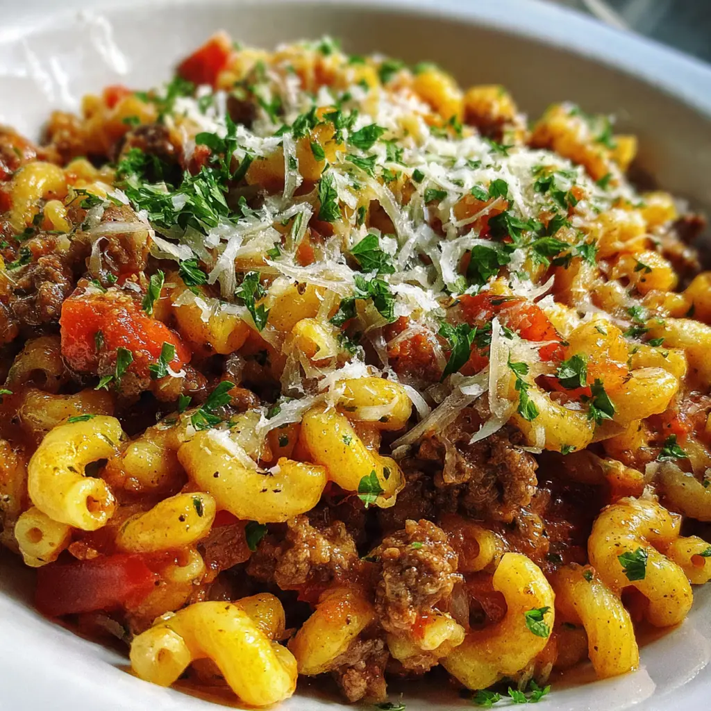 Close-up of a spoon lifting rich, saucy goulash with vibrant red peppers and flecks of fresh parsley