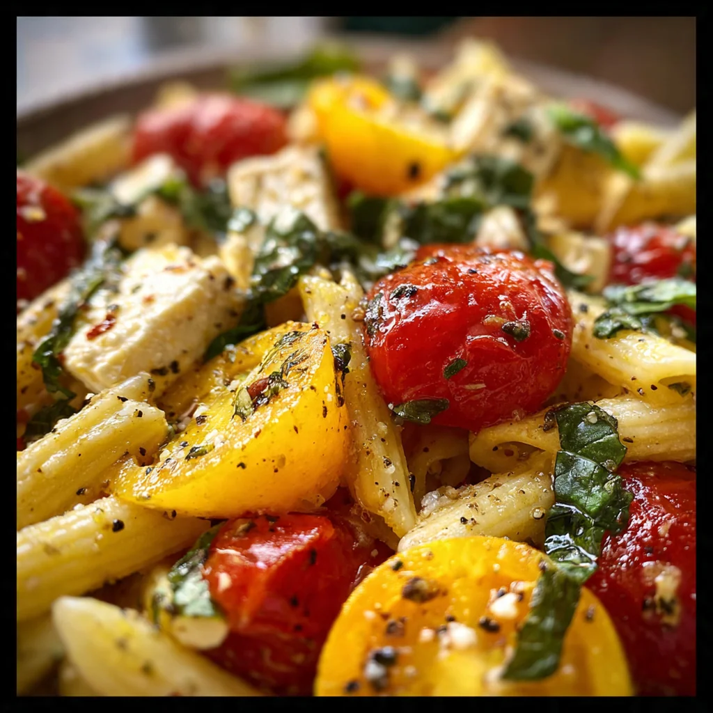 Close-up of creamy feta and tomato pasta sauce being tossed with rigatoni in a rustic dish.