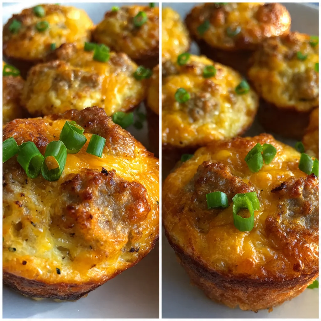 Close-up of a muffin split open showing fluffy egg, melted cheese, and savory sausage