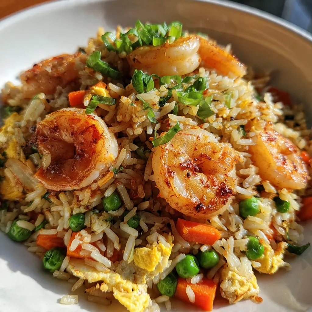 An inviting dinner plate of shrimp fried rice garnished with green onions and toasted sesame seeds