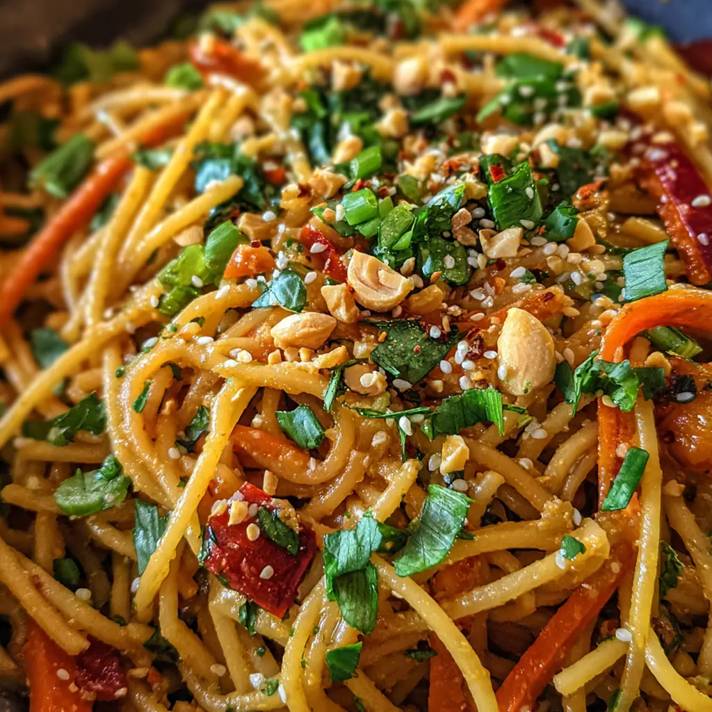 Finished dish of peanut chili noodles garnished with cilantro, lime wedges, and sliced cucumber on the side