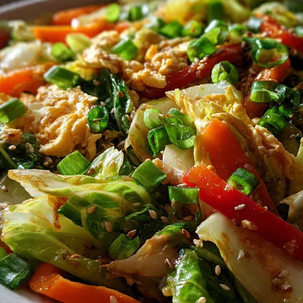 A comforting dinner plate with a generous serving of Chinese cabbage egg stirfry over steaming white rice.