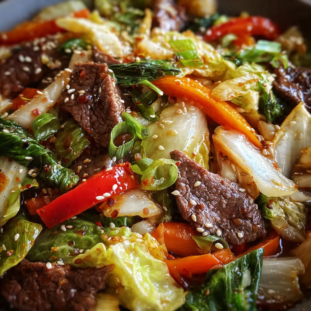 A serving bowl of beef and cabbage stirfry garnished with green onions and sesame seeds, ready to eat with rice