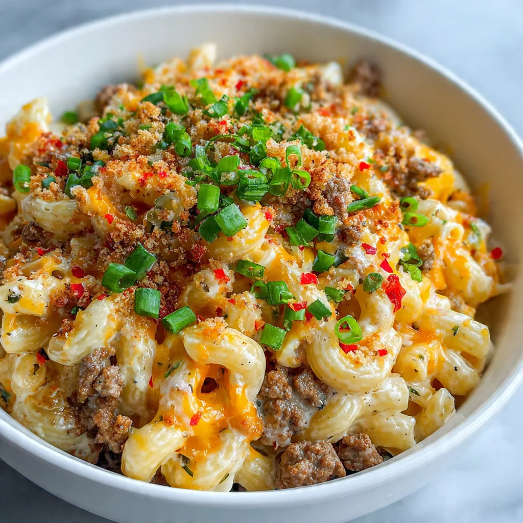 The finished Cheesy Beefy Mac Bowl served hot in a rustic dish, garnished with fresh parsley.