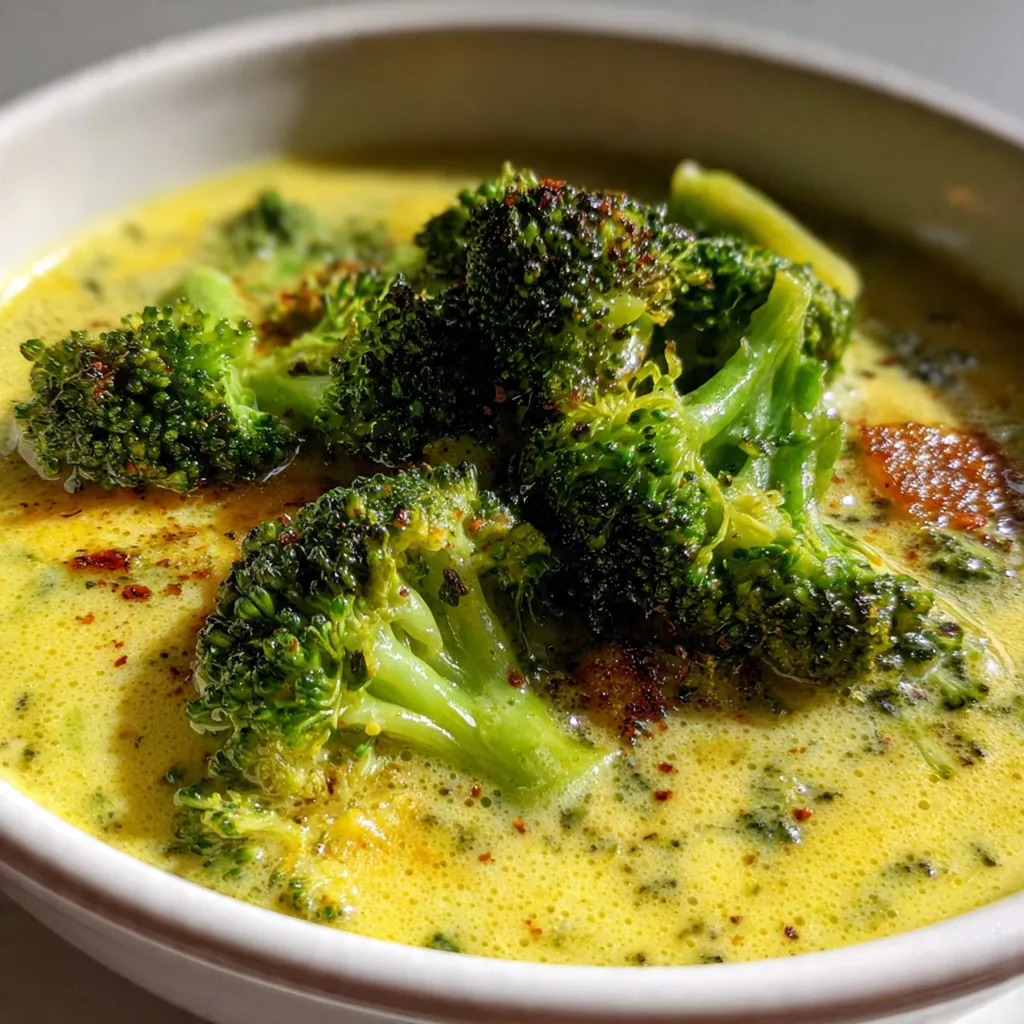 Steaming pot of broccoli cheddar soup being ladled into a rustic bowl
