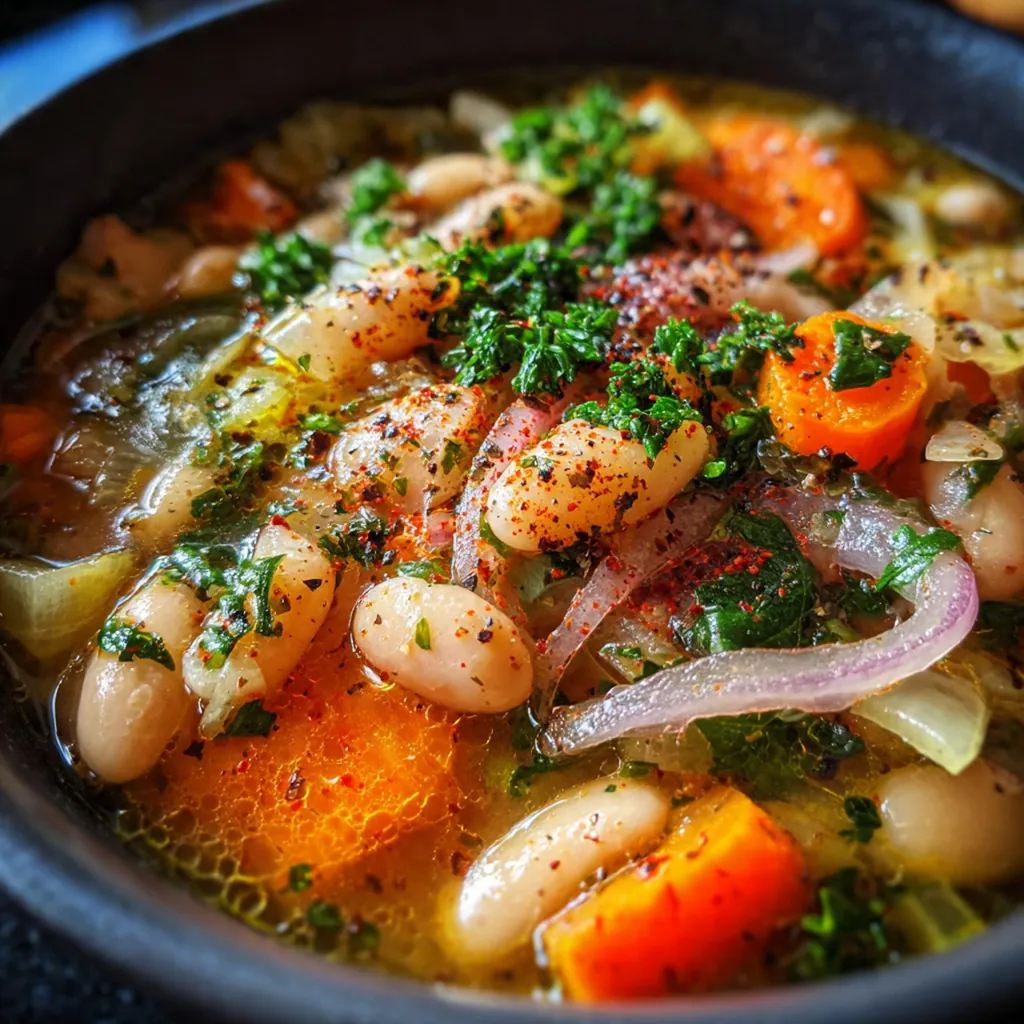 Ham hock and aromatics simmering in a Dutch pot with navy beans, carrots, and celery creating a rustic scene