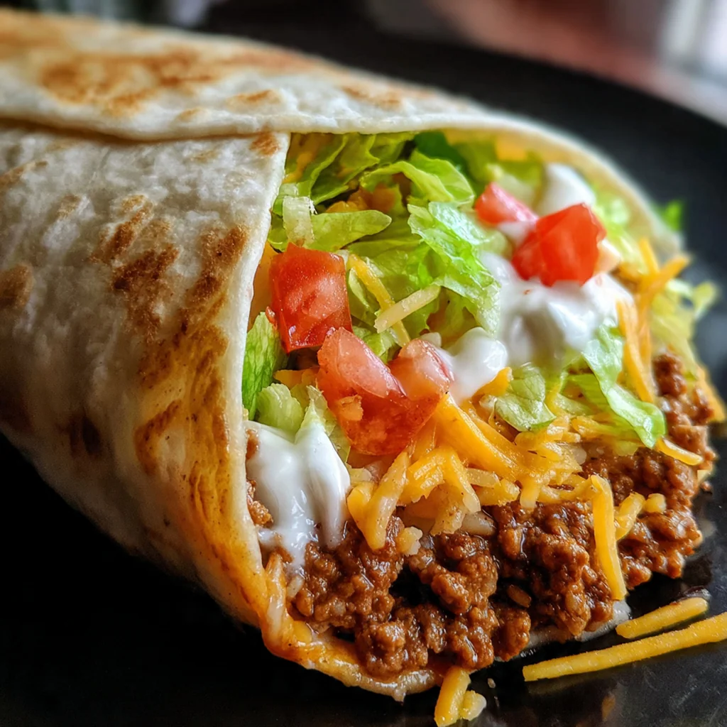 Close-up of a golden brown quesarito with melted cheese pulling away from a crispy tortilla edge