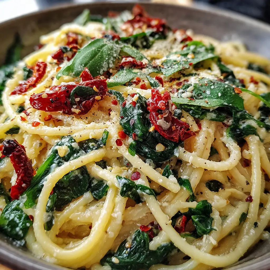 A beautifully plated bowl of creamy spaghetti with spinach, garnished with fresh basil and grated Parmesan