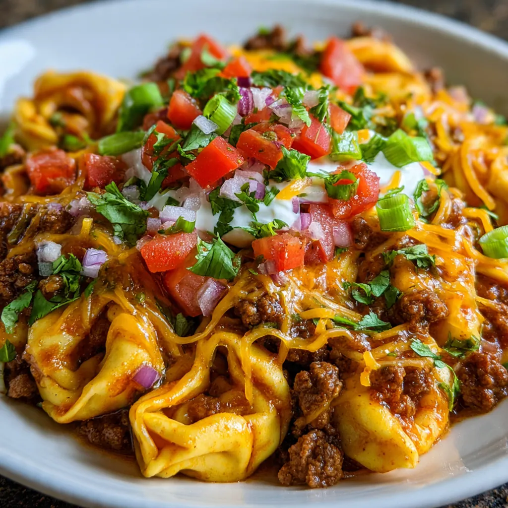 Close-up of a fork lifting cheesy tortellini and seasoned ground beef from the saucy bake