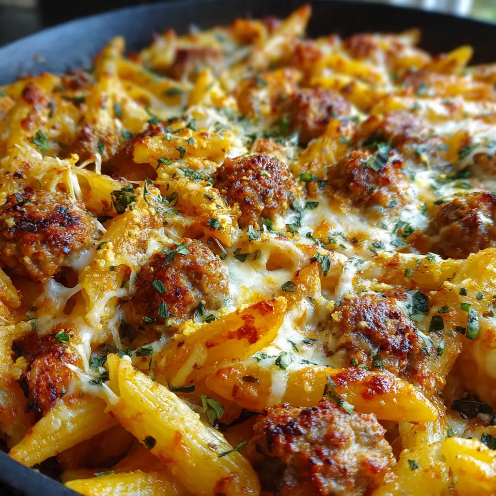 Close-up view of a fork twisting through saucy pasta, sausage, and melted mozzarella