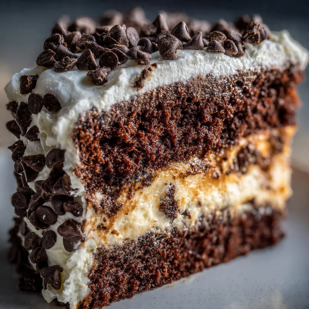Close-up slice of Coca Cola cake showing moist dark crumb and thick fudge layers
