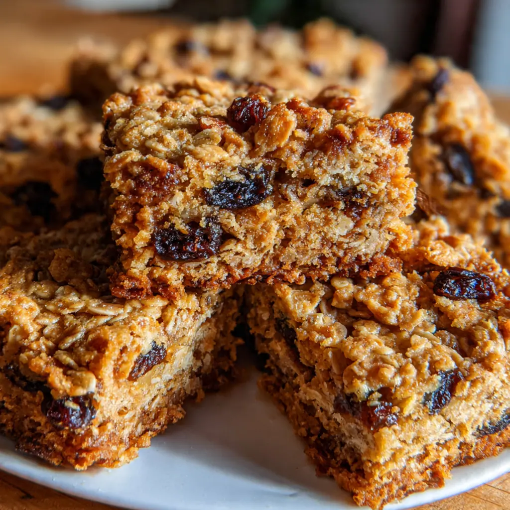 Close-up of a chewy oatmeal raisin cookie bar showing the soft, moist center and cinnamon specks
