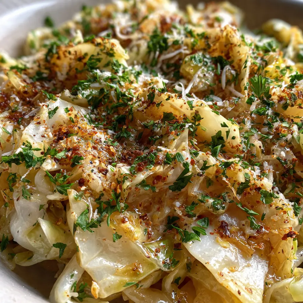 Close-up of a twirl of pasta coated in silky cream sauce with strands of sweet cabbage