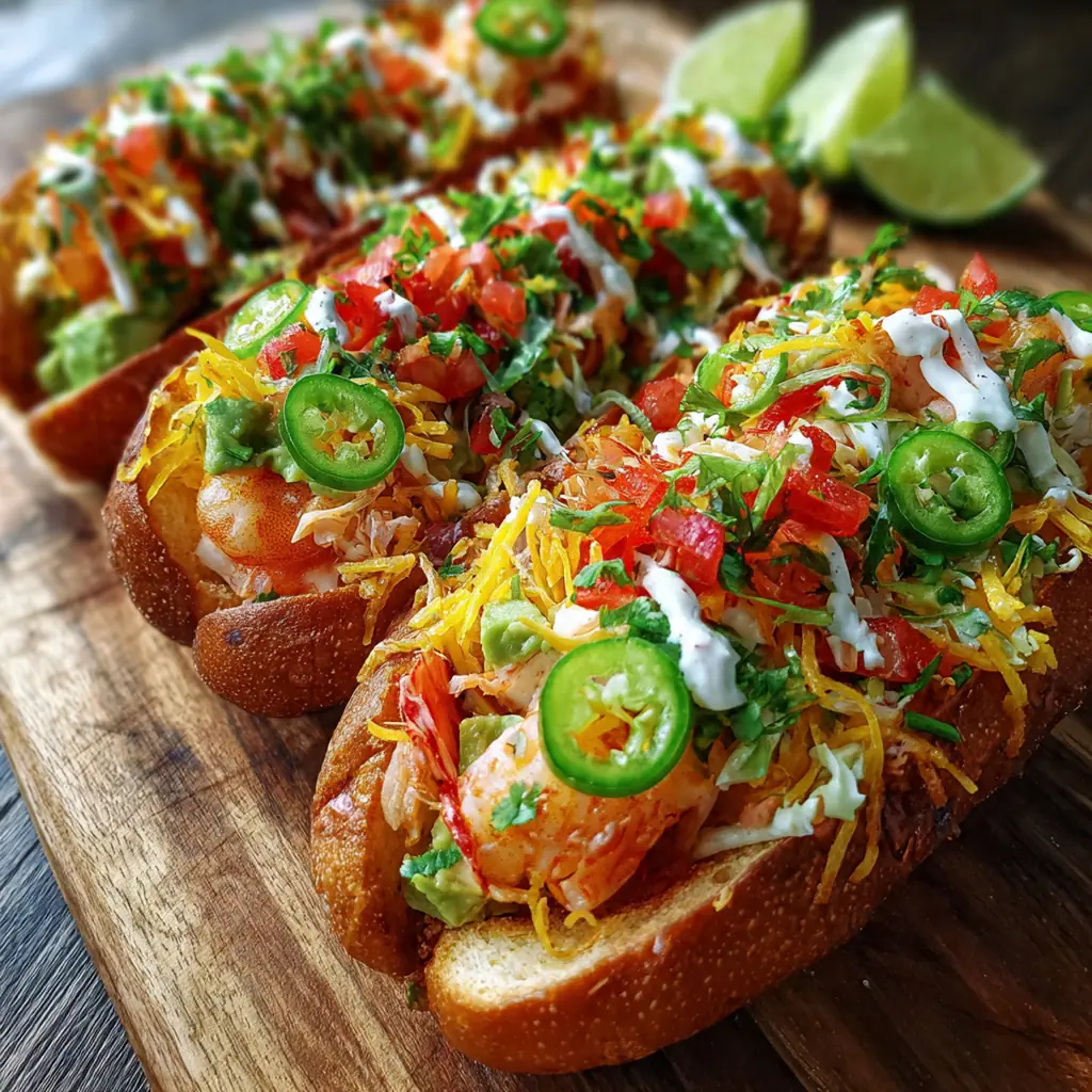 A platter of Shrimp Crab Nacho Dogs served with lime wedges and tortilla chips