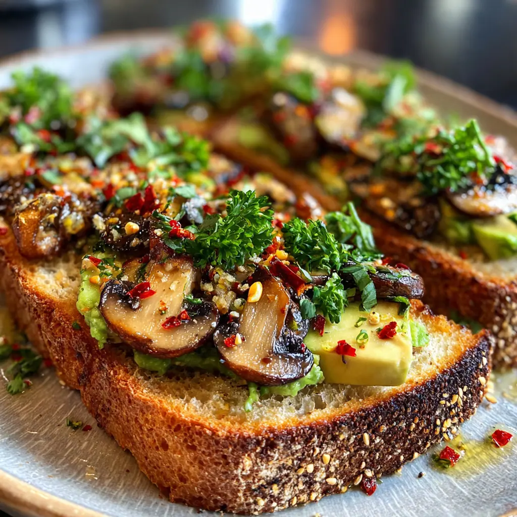 Two slices of finished avocado garlicky mushroom toast on a rustic wooden board with a sprinkle of fresh herbs.