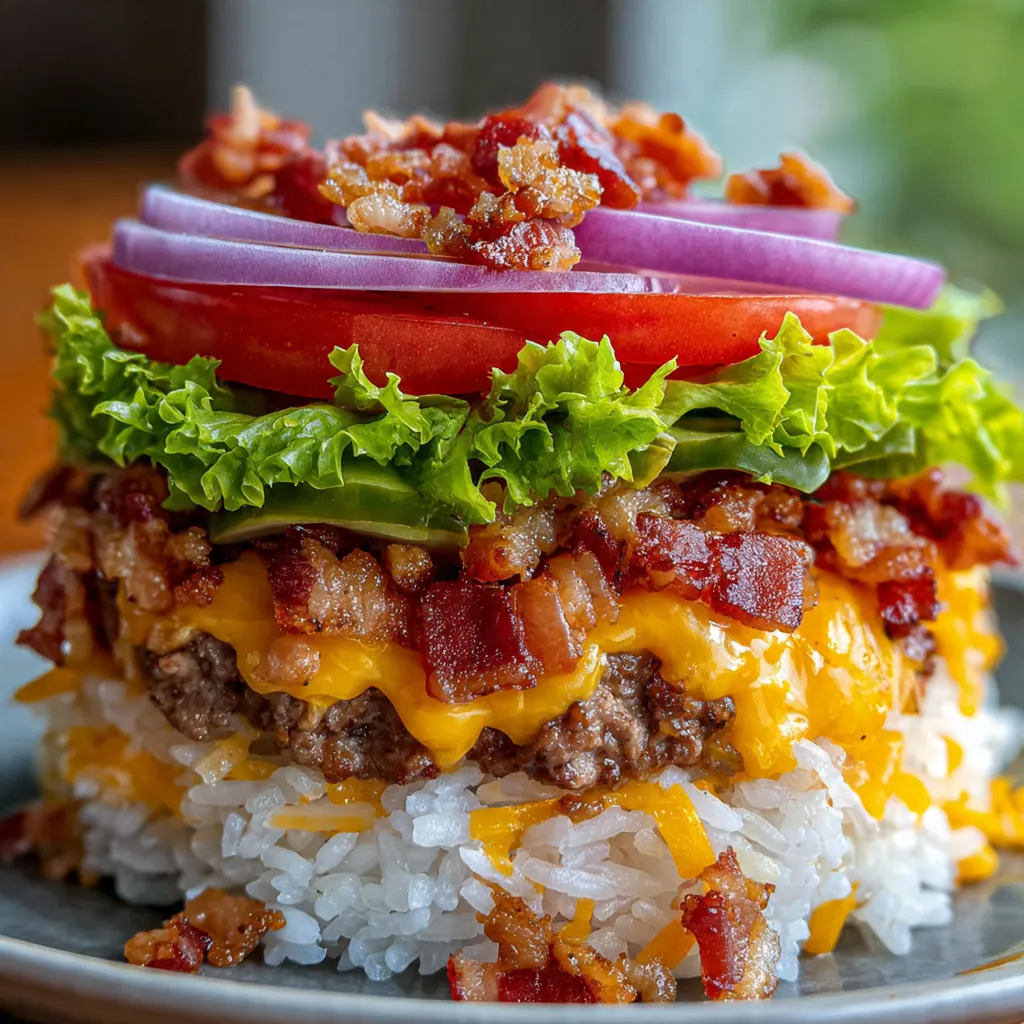 Overhead shot of a skillet with the cheesy beef and bacon mixture spooned over fluffy rice