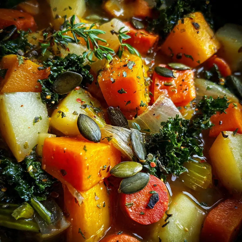 Overhead shot of the colorful stew in a Dutch oven with kale and cannellini beans