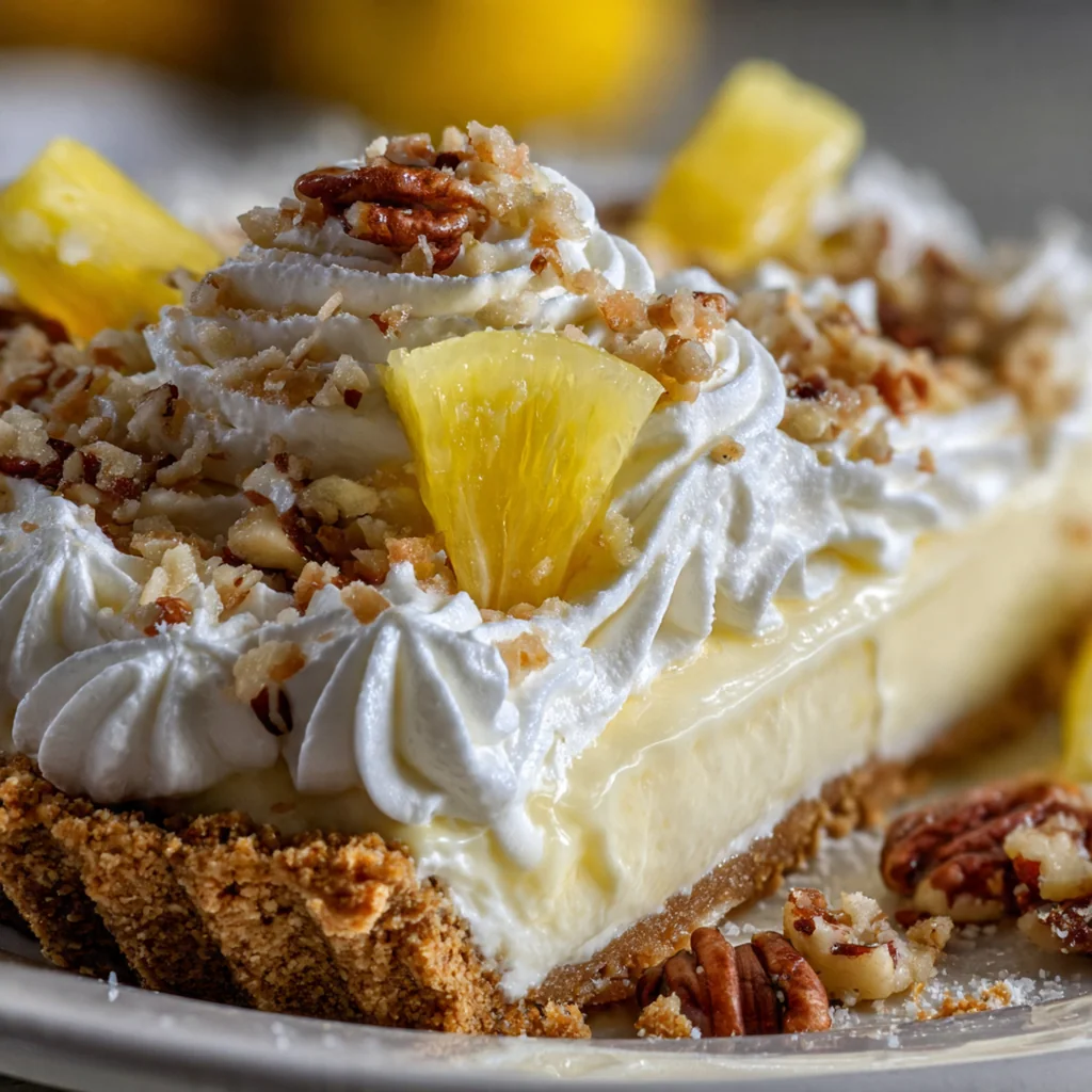 Overhead view of a whole Million Dollar Pie with garnishes and a serving knife on a rustic table