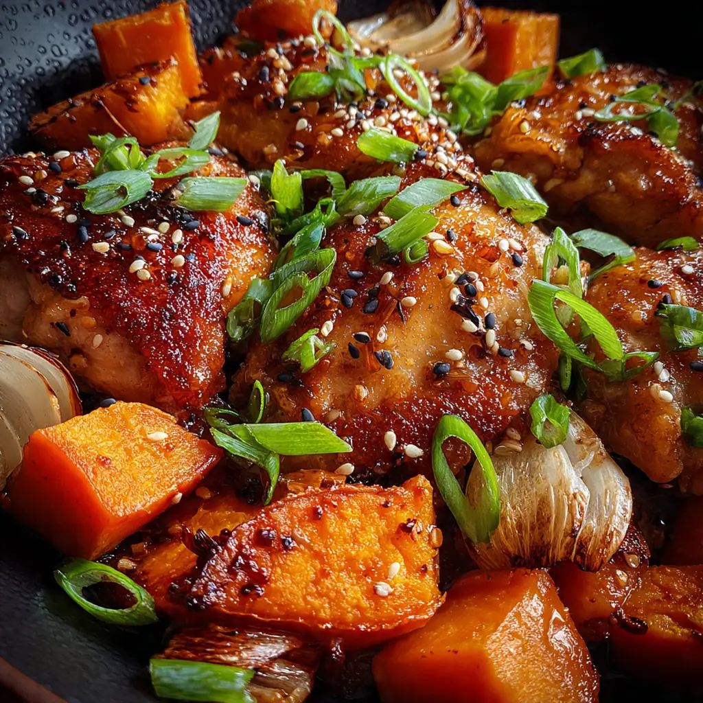 Overhead shot of a fork pulling apart a tender, sauce-brushed chicken thigh next to roasted sweet potato cubes