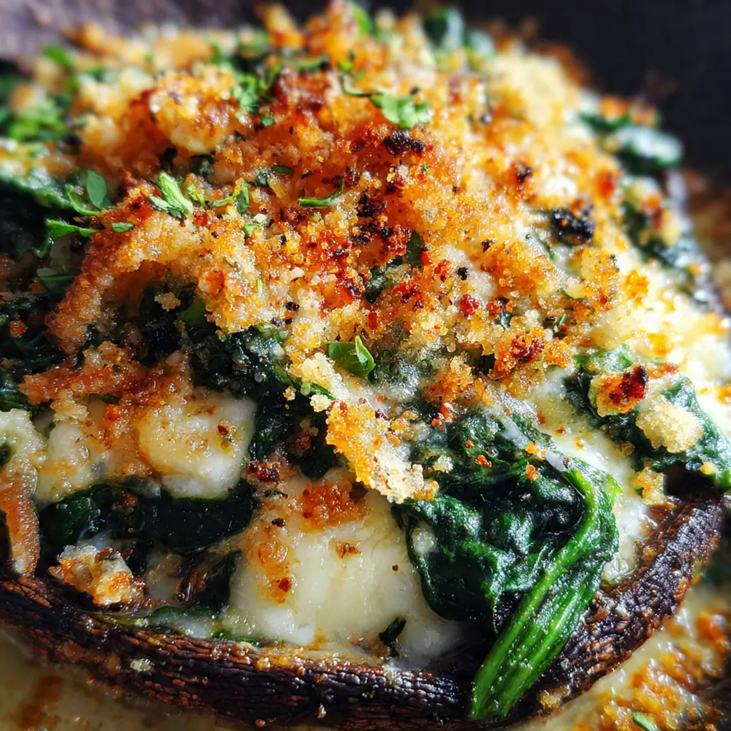 A beautifully plated Spinach Cheese Portobello Mushroom served alongside a fresh green salad and a glass of white wine