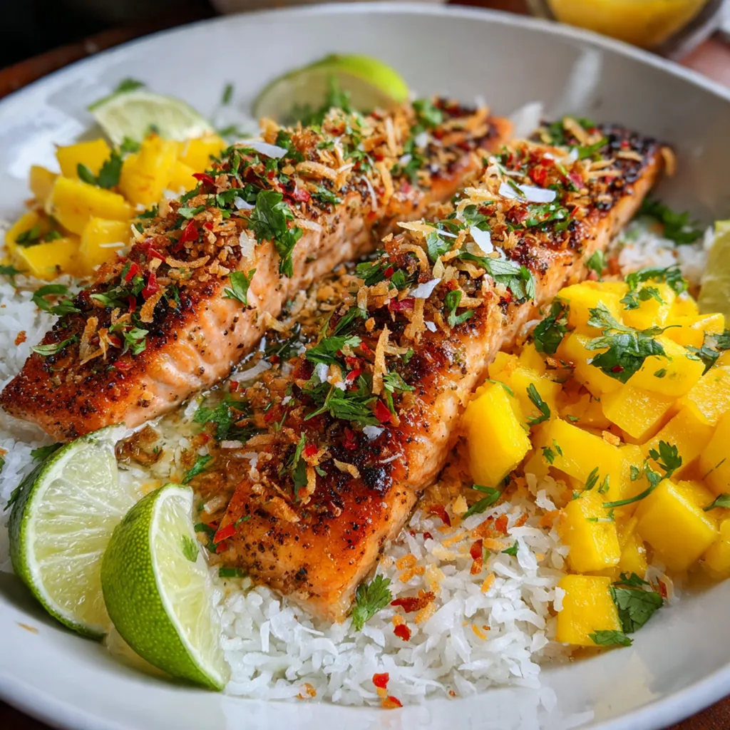 Ingredients for grilled salmon mango coconut including fresh mango, salmon fillets, lime, and coconut milk arranged on a counter