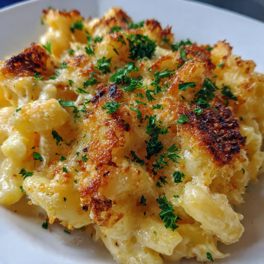 A cozy dinner plate with a generous scoop of macaroni bake next to a simple green salad