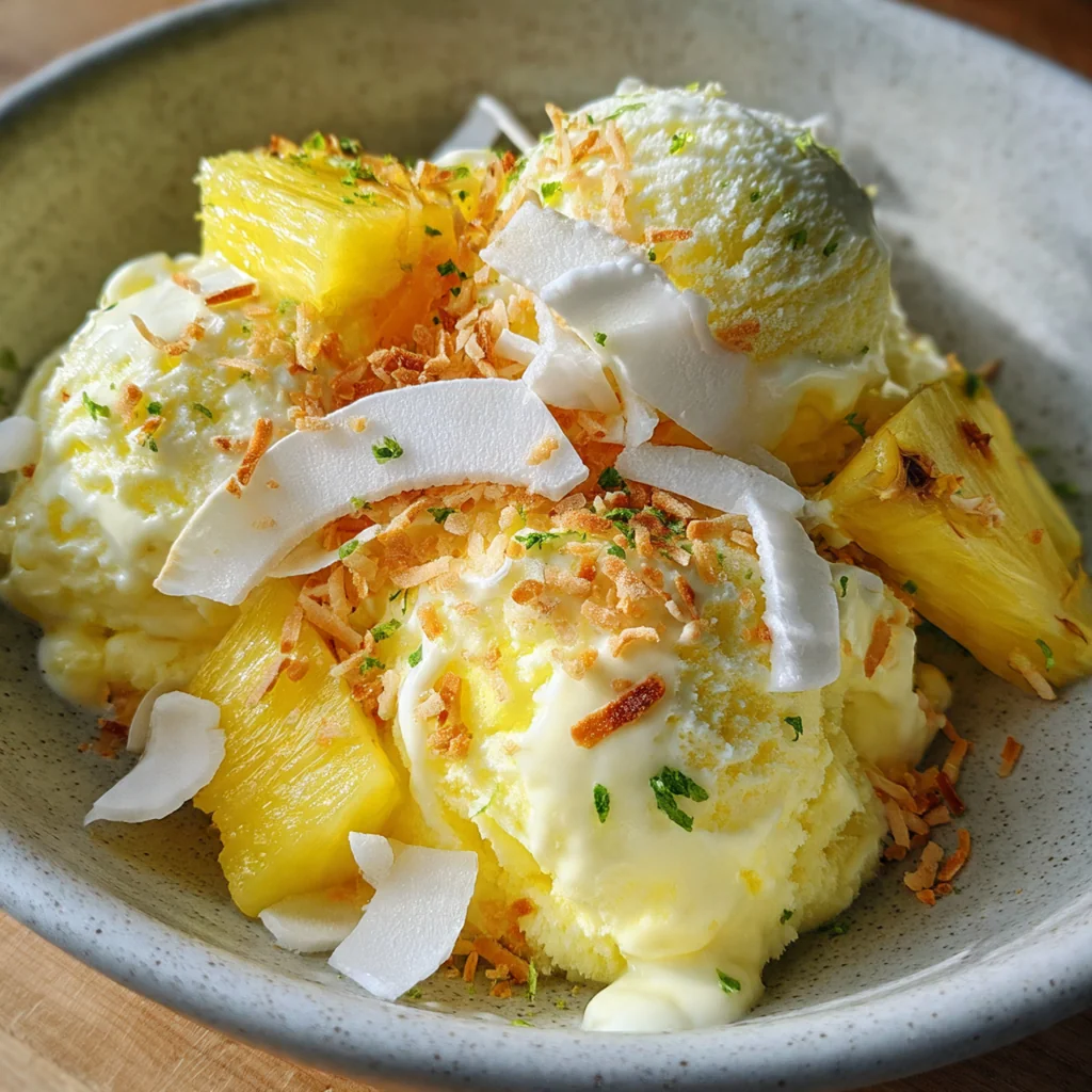 Scoop of homemade dairy-free ice cream topped with a fresh pineapple wedge and mint leaf