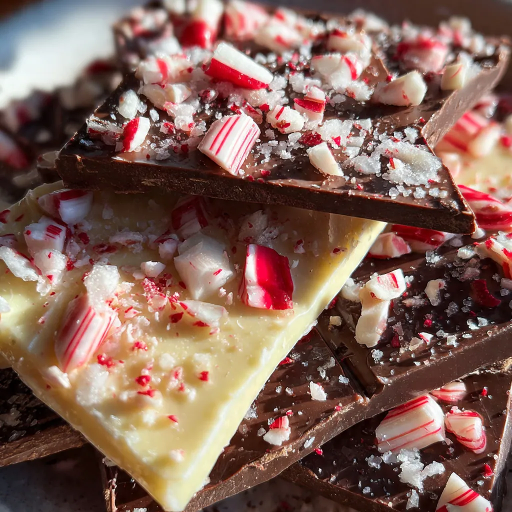 Close-up of cracked peppermint bark showing the distinct chocolate layers and sparkling candy cane pieces.