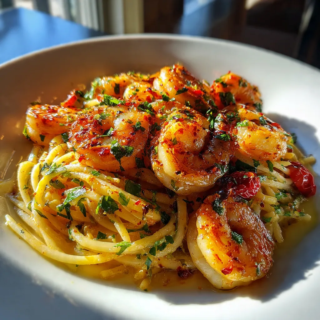 Close-up of plump shrimp coated in sticky gochujang sauce with green onions and sesame seeds
