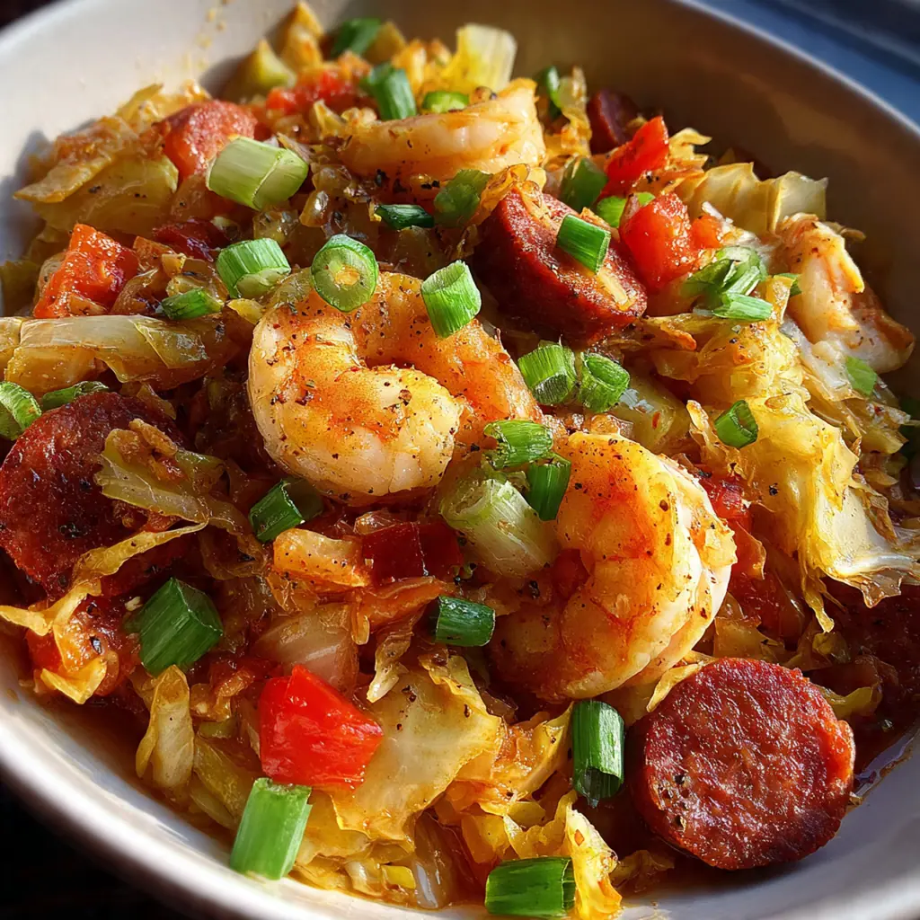 Close-up of a bowl showcasing the mix of spicy andouille sausage, fluffy rice, and sweet cabbage