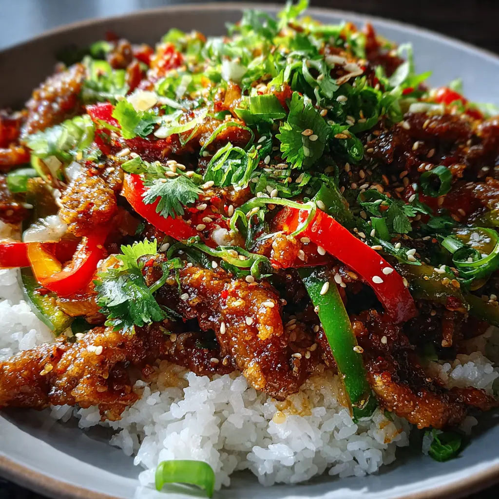 A colorful bowl of Crispy Chilli Beef served over steaming white rice with fresh chili garnish
