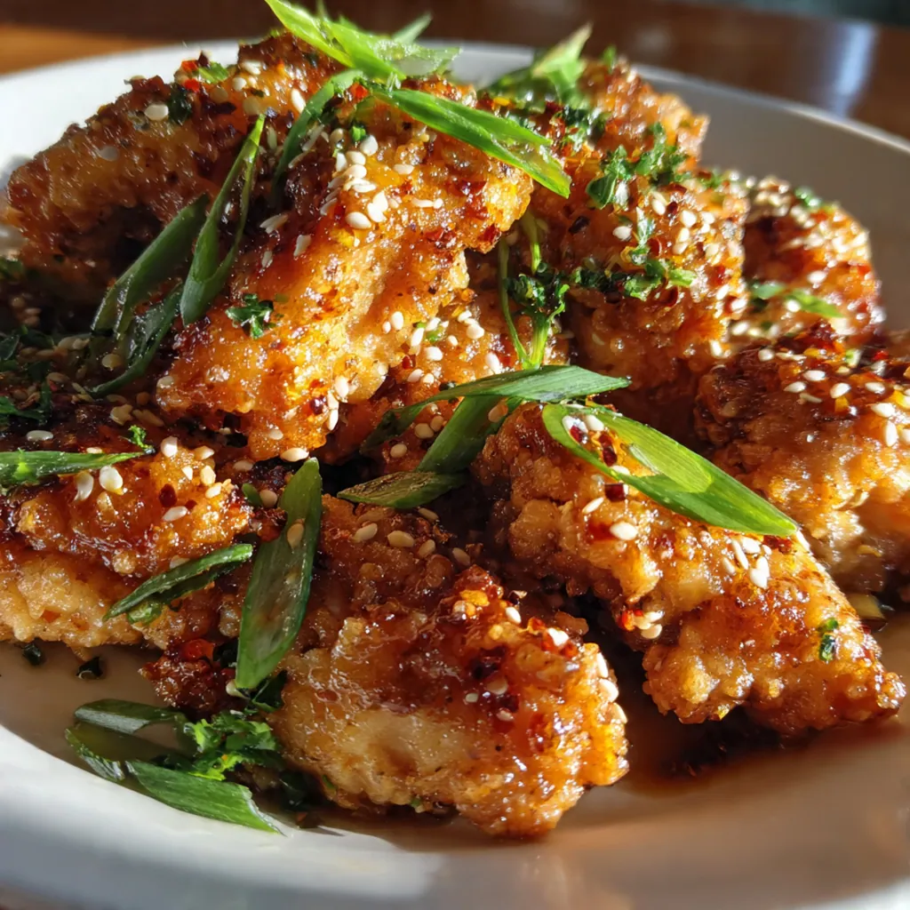 Golden brown chicken pieces frying in a skillet of hot oil next to a bowl of panko crumbs