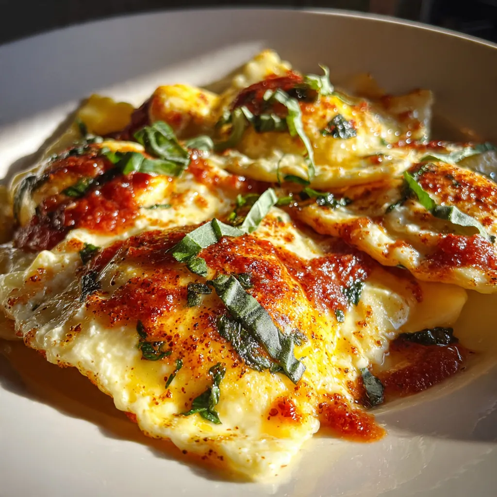Close-up of golden brown butter sauce with crispy sage leaves draped over cheese ravioli