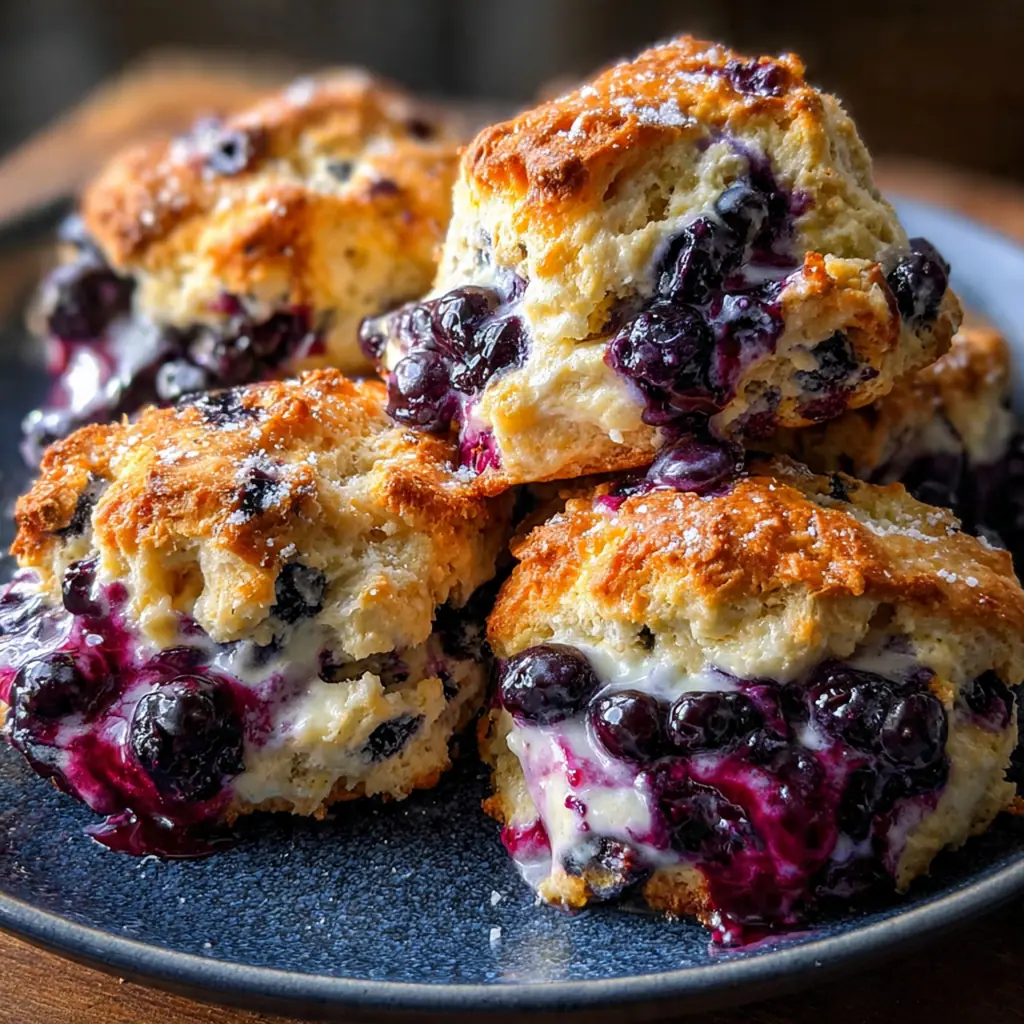 A rustic brunch plate featuring a glazed biscuit next to scrambled eggs and fresh berries