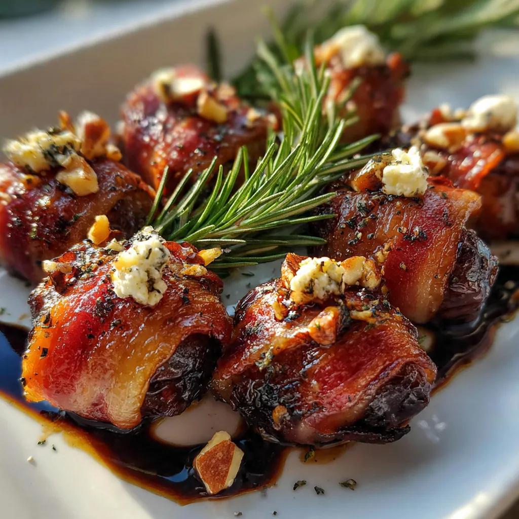 A platter of stuffed dates ready for the oven, showing the creamy cheese and almond filling peeking out