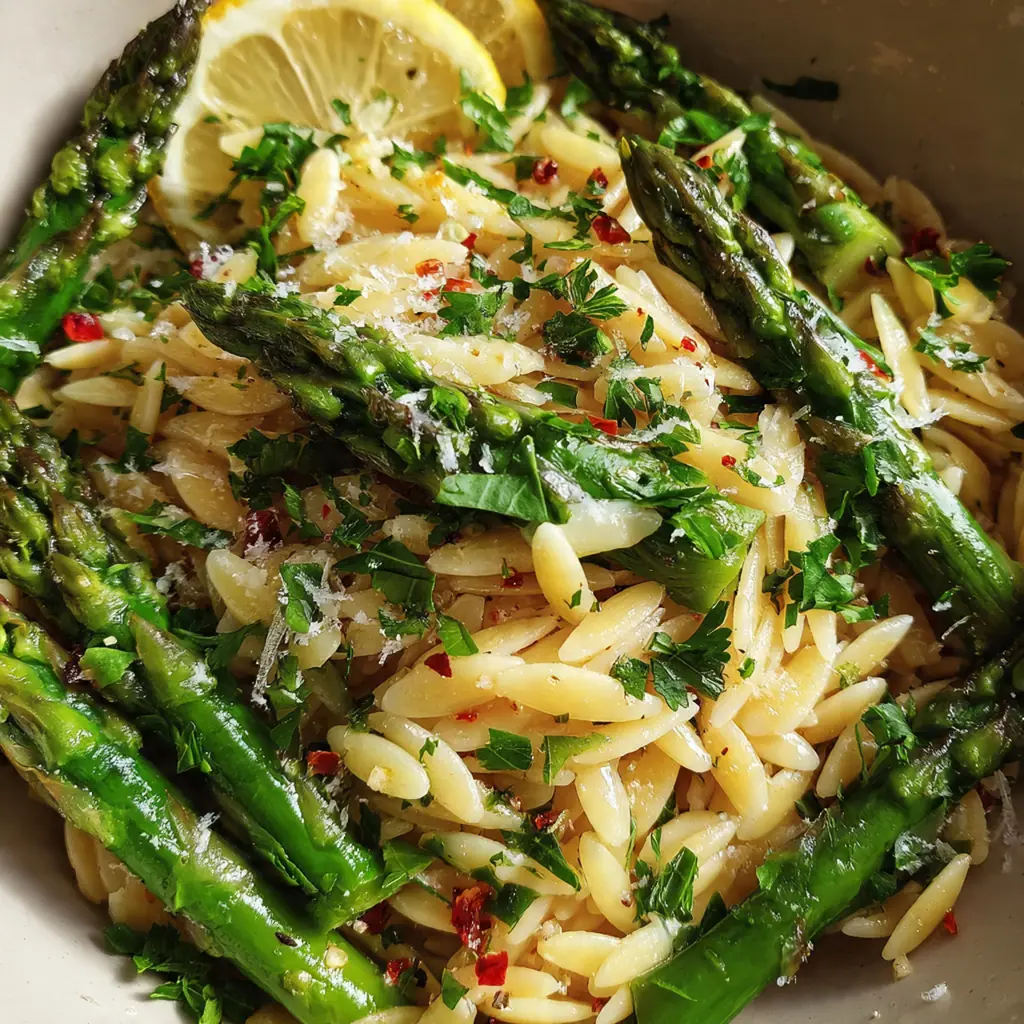 Close-up of a skillet filled with orzo pasta, tender green asparagus, and melted parmesan cheese