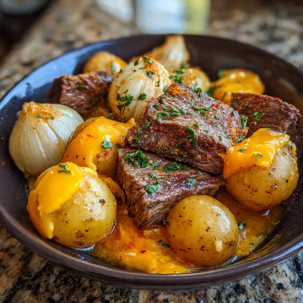 A bowl of finished steak and cheddar potatoes garnished with fresh chopped parsley and green onions